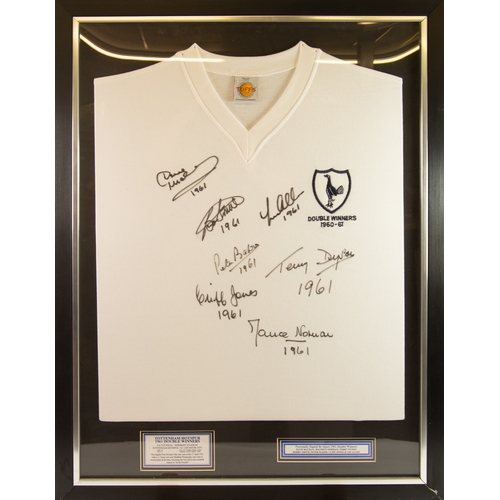 214 - TOTTENHAM HOTSPURS - REPLICA 1960/61 DOUBLE WINNERS SHIRT, later signed, framed, with certificate of... 