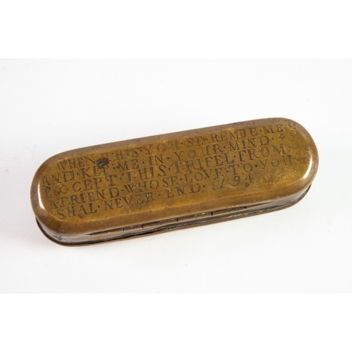 242 - LATE 18TH CENTURY BRASS ROUNDED NARROW OBLONG TOBACCO BOX, simply made, the hinge cover with upper c... 