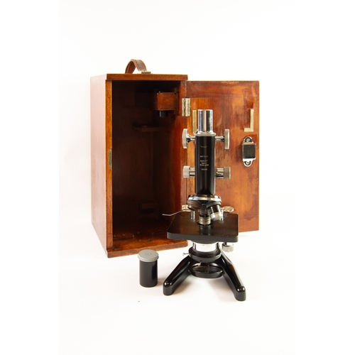 159 - WATSON BARNET - 'KIRNA' MONOCULAR STUDENTS MICROSCOPE, black enamel and chrome No 126049 in mahogany... 