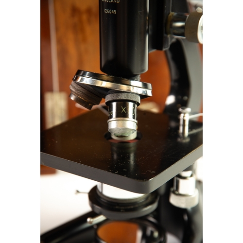 159 - WATSON BARNET - 'KIRNA' MONOCULAR STUDENTS MICROSCOPE, black enamel and chrome No 126049 in mahogany... 