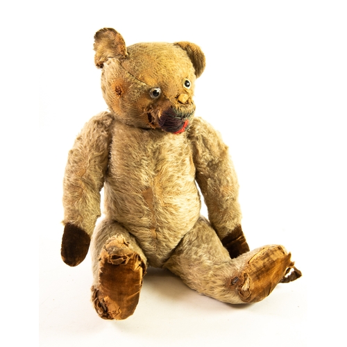 406 - PROBABLY GERMAN EARLY/ MID TWENTIETH CENTURY GOLDEN PLUSH TEDDY BEAR, with black glass eyes and velv... 