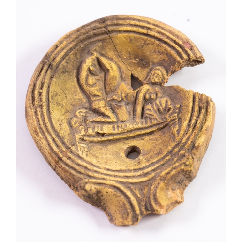 68 - ROMAN 1st CENTURY AD, UPPER PART OF A MOULDED POTTERY VOLUTE OIL LAMP decorated with an erotic scene... 