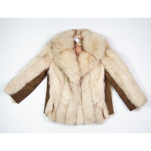 449 - WHITE FOX FUR JACKET, with narrow suede side panels and inner sleeve panels, hook fastening single-b... 