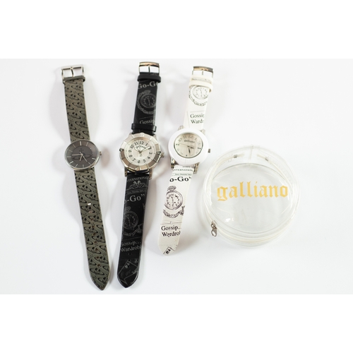 481 - TWO GALLIANO WRIST WATCHES, one as new, in case, and a VIVIENNE WESTWOOD WRIST WATCH, (3)