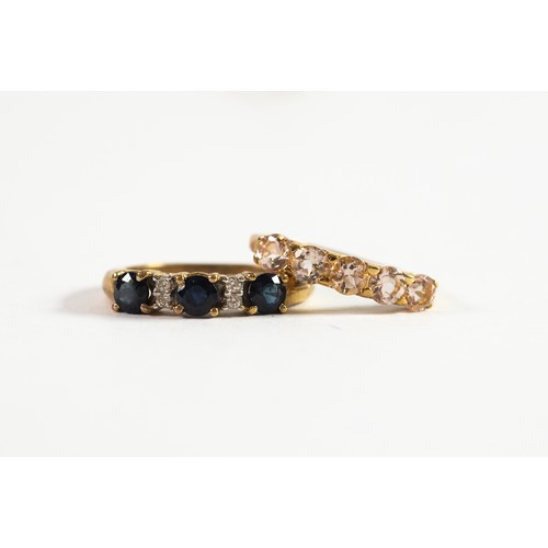 505 - 9ct GOLD RING set with three uniform dark blue sapphires and two pairs of tiny diamonds; and 9ct GOL... 