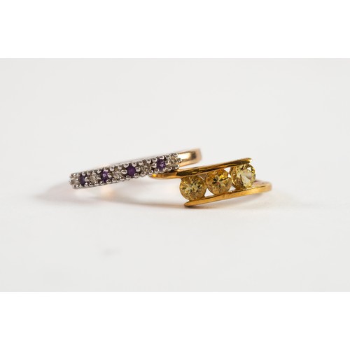 506 - 9ct GOLD CROSSOVER RING set with three morganites; and a 9ct GOLD RING set with row of five tiny dia... 