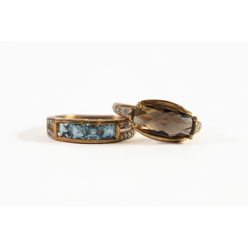 511 - 9ct GOLD RING WITH OVAL SMOKY QUARTZ set east to west with tiny diamonds to the shoulders; 9ct GOLD ... 