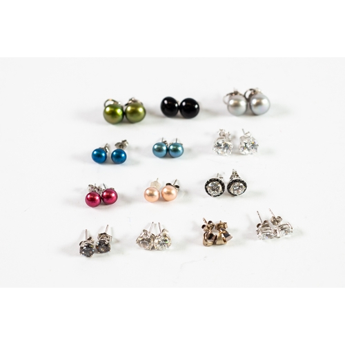 520 - 6 PAIRS OF SILVER AND COLOURED PEARL BUTTON STUD EARRINGS; 5 SILVER AND CZ SET STUDS; and two others... 