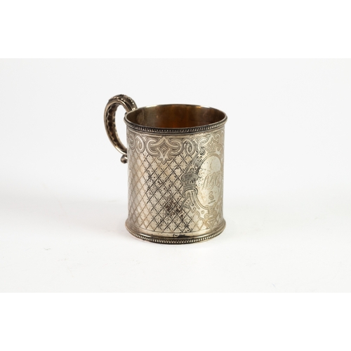 351 - VICTORIAN ENGRAVED SILVER CHRISTENING MUG BY MARTIN, HALL & Co, with fancy double scroll handle ... 