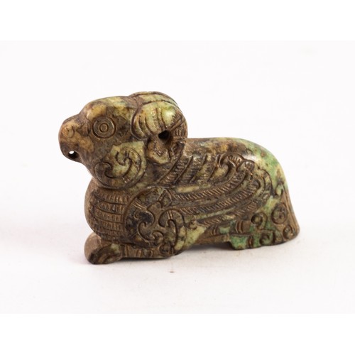 257 - LATE 19th CENTURY CARVED GREEN HARDSTONE MODEL OF A RAM, carved with wing-form scrolls to either sid... 