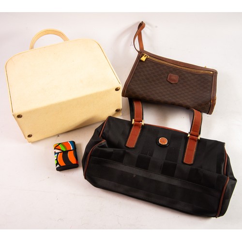 452 - FENDI, ITALIAN LADY'S HANDBAG, leather lined striped black fabric, tan leather edging and long strap... 