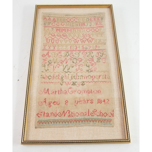 415 - MID-19TH CENTURY NEEDLEWORK SAMPLER mainly of the alphabet by Martha Crompton aged 8 years 1842 Stan... 