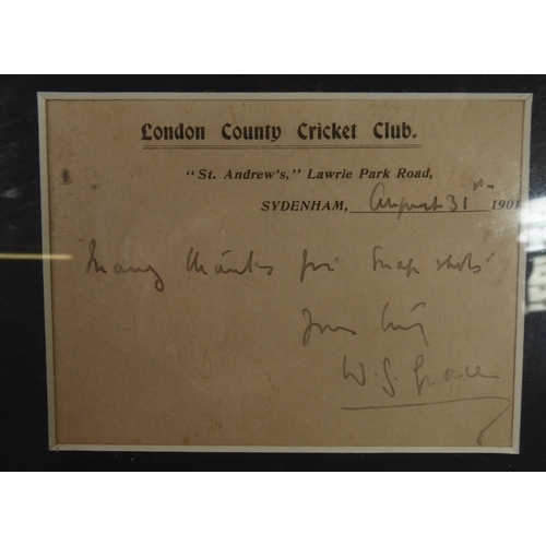 237A - W.G. GRACE SIGNED CARD from London County Cricket Club, dated August 31 1901, including hand-written... 