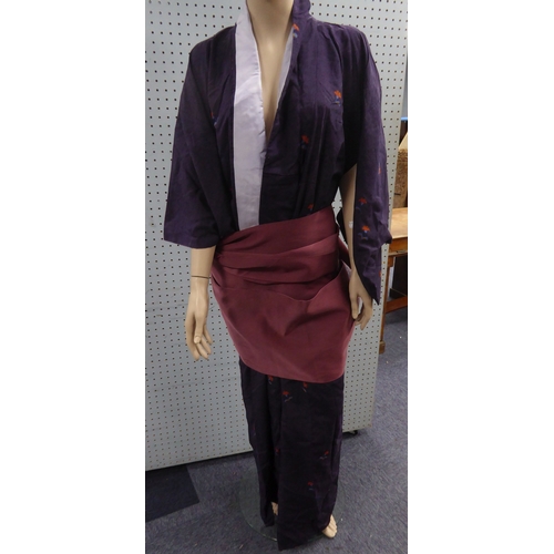 432 - JAPANESE VINTAGE KIMONO, midnight blue with scatters, coloured floral sprays, pale maroon lining, 5'... 