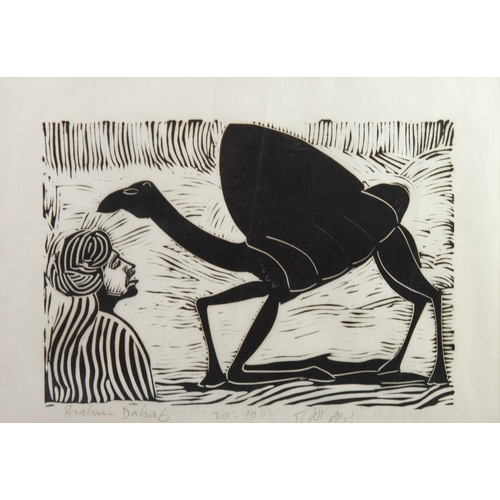 425 - BRAHIM DAHAK TWO ARTIST SIGNED BLACK AND WHITE PRINTS Man and camel 8 ¼” X 11 ¾” (21cm x 29.9cm) Sea... 