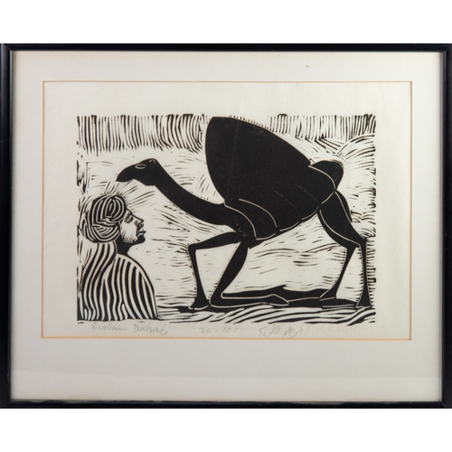 425 - BRAHIM DAHAK TWO ARTIST SIGNED BLACK AND WHITE PRINTS Man and camel 8 ¼” X 11 ¾” (21cm x 29.9cm) Sea... 