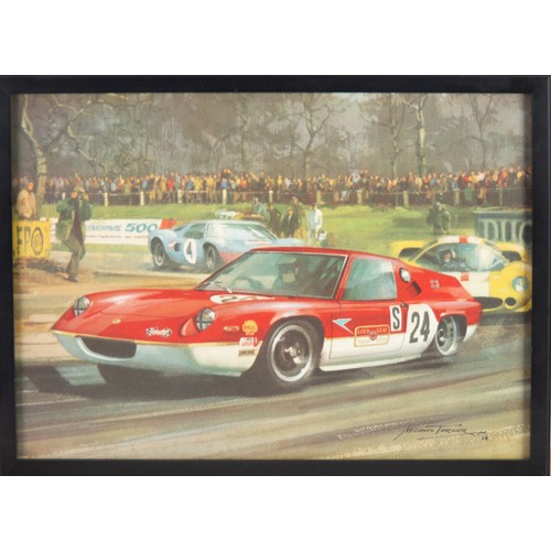 429 - AFTER MICHAEL TURNER SET OF FOUR VINTAGE COLOUR PRINTS OF ORIGINAL PAINTINGS OF RACING CARS IN ACTIO... 