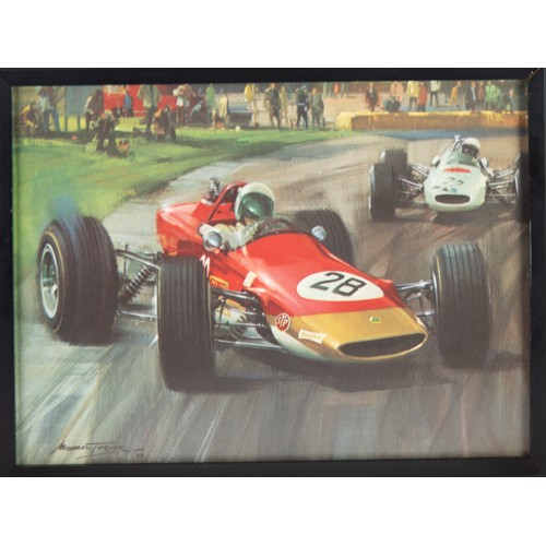 429 - AFTER MICHAEL TURNER SET OF FOUR VINTAGE COLOUR PRINTS OF ORIGINAL PAINTINGS OF RACING CARS IN ACTIO... 