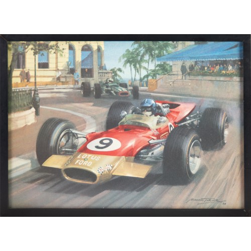 429 - AFTER MICHAEL TURNER SET OF FOUR VINTAGE COLOUR PRINTS OF ORIGINAL PAINTINGS OF RACING CARS IN ACTIO... 