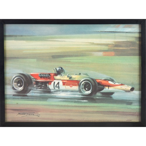 429 - AFTER MICHAEL TURNER SET OF FOUR VINTAGE COLOUR PRINTS OF ORIGINAL PAINTINGS OF RACING CARS IN ACTIO... 