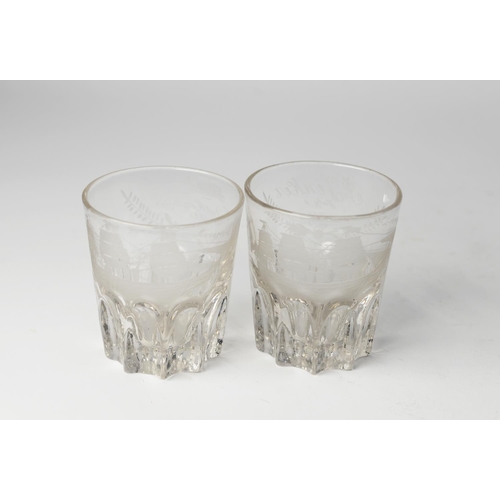 227 - PAIR OF VICTORIAN ENGRAVED GLASS COMMEMORATIVE RUMMERS, each wheel cut with a three masted sailing s... 