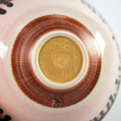 9 - PETER WILLIS STUDIO PORCELAIN BOWL, of footed form, decorated in pink with copper oxide runnings to ... 