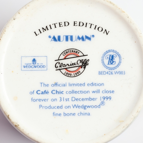 5 - FOUR WEGWOOD CLARICE CLIFF CENTENARY CHINA COFFEE CANS AND SAUCERS, ‘SUMMERHOUSE’, ‘BLUE FIRS’, ‘AUT... 