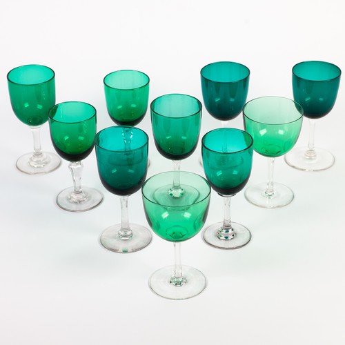 223 - 6 LATE 19TH CENTURY WINE GLASSES with green bowls, on drawn stems and four with green bowls and hexa... 