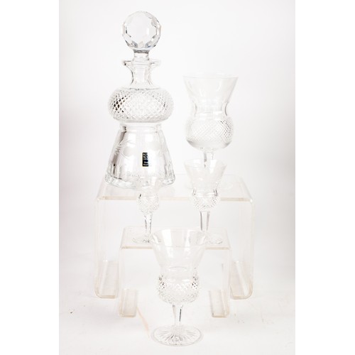 216 - ROYAL SCOT CRYSTAL - EDINBURGH FINE CUTGLASS THISTLE-SHAPED DECANTER AND STOPPER; AND ELEVEN MATCHIN... 