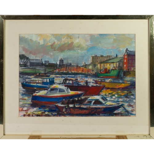 10 - ROBERT BINDLOSS (1939)OIL ON BOARD Harbour scene with moored small motor boats Signed lower right 11... 