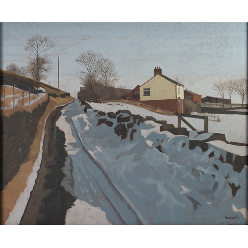 60 - RUSSELL HOWARTH (1927-2020)OIL ON BOARD 'Crib Lane, Dobcross', under snow Signed lower right 14 1/2