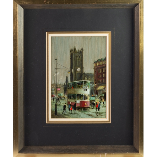 22 - ARTHUR DELANEY (1927-1987) OIL PAINTINGDeansgate Manchester with trams, figures and motor carsSigned... 