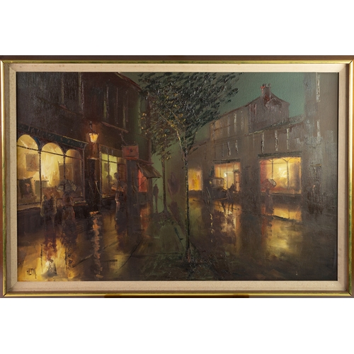 49 - BARRY HILTON (1941) OIL ON CANVASBygone dimly lit street scene with figures and hansom carriage Sign... 