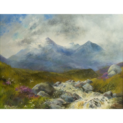 62 - KATHLEEN HURST (TWENTIETH CENTURY)OIL ON CANVAS 'The Black Cuillins, Skye' Signed lower left and tit... 