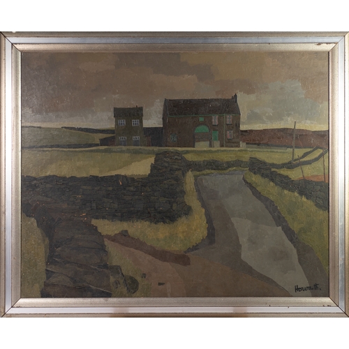 58 - RUSSEL HOWARTH (1927-2020)OIL ON BOARD 'Houses, Broadheath Noddle, Saddleworth' Signed lower right a... 