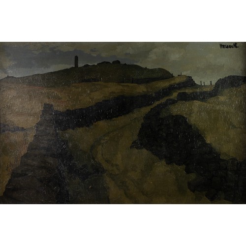 59 - RUSSEL HOWARTH (OLDHAM 1927) OIL PAINTING ON BOARD 'Pots and Pans from Bunkers', high moorland scene... 