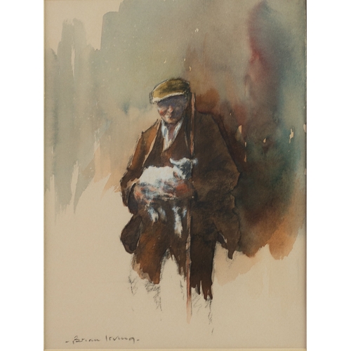 64 - BRIAN IRVING (1931-2013) WATERCOLOUR ON BUFF COLOURED PAPERFarmer holding a lambSigned 8 ½” x 6 ¼” (... 