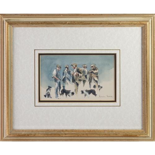 65 - BRIAN IRVING (1931-2013)WATERCOLOURFarmers with sheep dogs Signed 4 ½” x 7 ½” (11.4cm x 19cm)PLEASE ... 