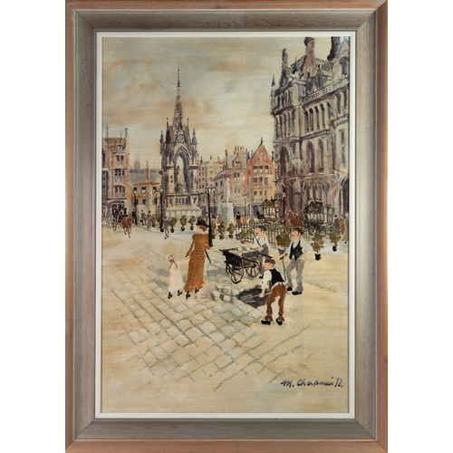 14 - MARGARET CHAPMAN OIL PAINTING ON BOARD 'Albert Square, Manchester' Signed and dated (19)'72 lower ri... 