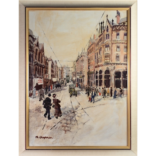 15 - MARGARET CHAPMAN OIL PAINTING ON BOARD 'Cross Street, Manchester' Signed lower left 30