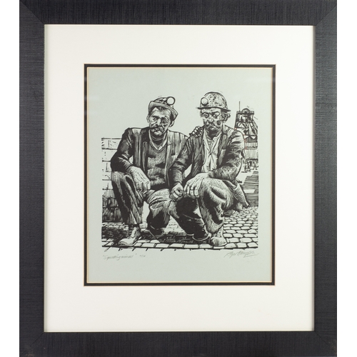 46 - ROGER HAMPSON (1925-1996)ARTIST SIGNED LIMITED EDITION LINOCUT ON GREY PAPER‘Squatting Miners’ (7/10... 