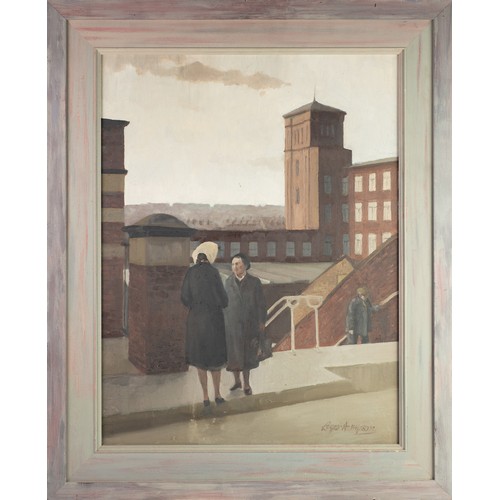 36 - ROGER HAMPSON (1925 - 1996) OIL PAINTING ON BOARD Steps to Gilnow Mill, Bolton Signed lower right an... 