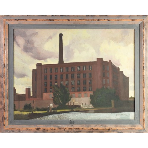 37 - ROGER HAMPSON (1925 - 1996) OIL PAINTING ON CANVAS Manchester Mill, with mill pond in foreground Sig... 