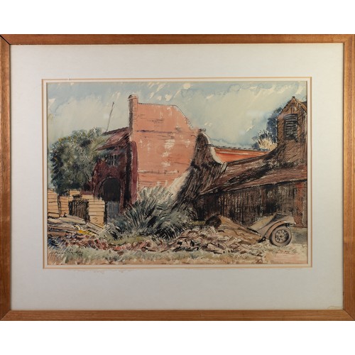 32 - KARL HAGEDORN (1889 - 1969) PEN AND WASH DRAWING Farmyard with motorcar wrecked under a collapsed br... 