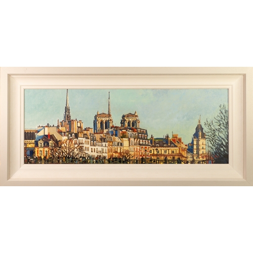 231 - STEPHEN COLLETT (MODERN) OIL ON CANVAS‘Paris’ Signed, titled to gallery label verso12” x 32” (30.5cm... 