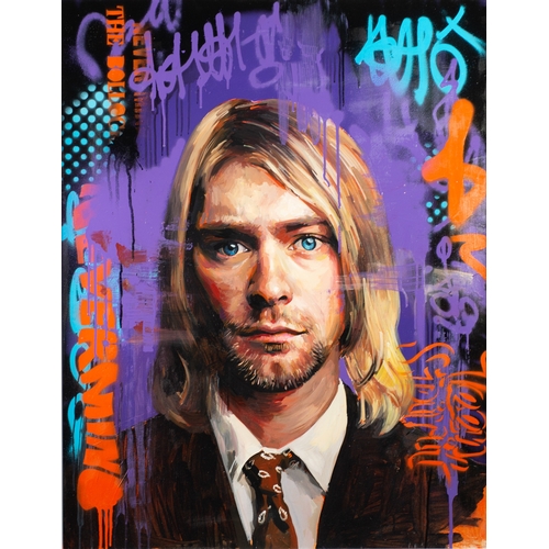 237 - ZINSKY (MODERN) MIXED MEDIA ON CANVAS‘Mr Cobain’ Signed, titled to gallery label verso35” x 28” (88.... 