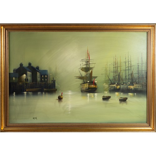 50 - BARRY HILTON (1941) OIL PAINTING ON CANVAS Masted ships of the line let-up at the mooring in harbour... 