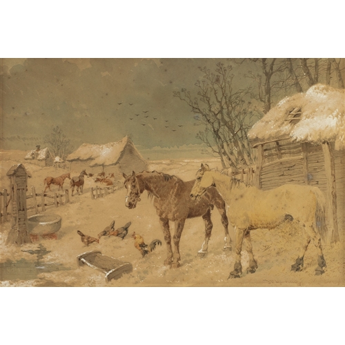 321 - J F HERRING JNR (1825-1907)WATERCOLOUR, HEIGHTENED IN WHITE‘Farmyard in Winter’ Signed, titled to Wa... 