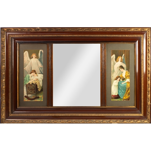 81 - TRIPTYCH WALL MIRROR: Late 19th century devotional gilt edged coloured gesso wall mirror, the lookin... 