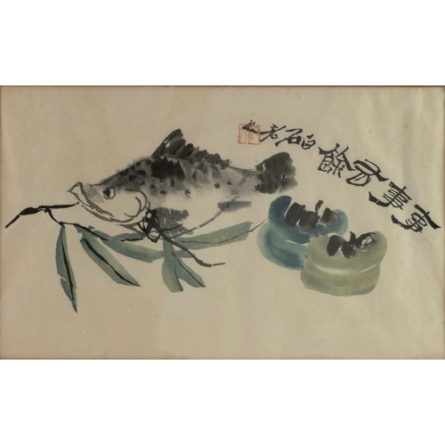 323 - CHINESE REPUBLIC PERIOD WATERCOLOUR Carp and aquatic plants Bears Qi Baishi red seal mark and charac... 